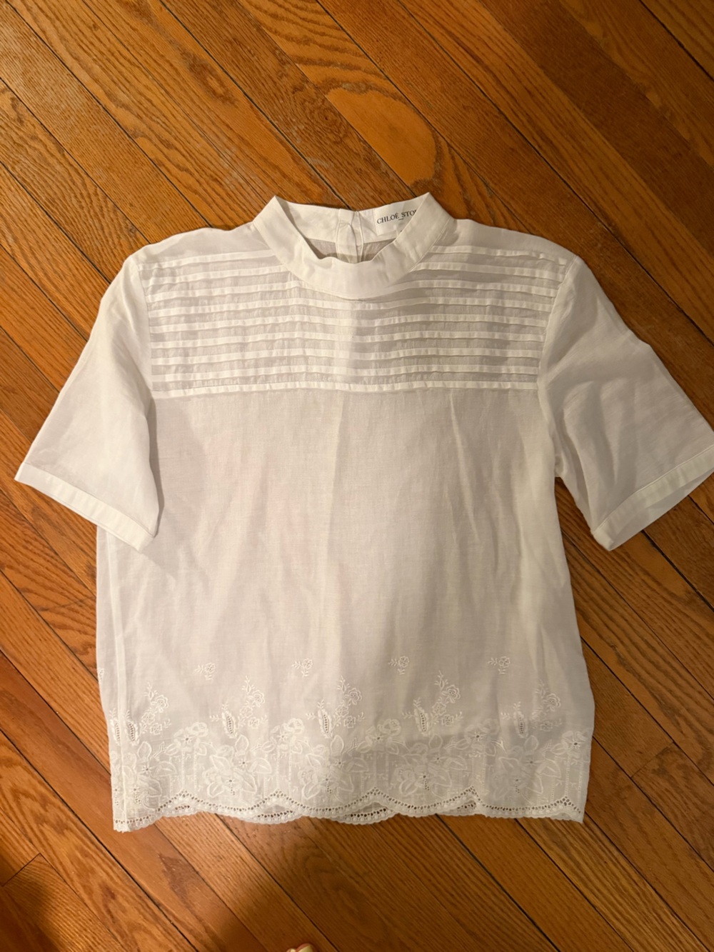 Chloe Stora (paris) Women’s White Pintuck Yoke Short Sleeve Blouse